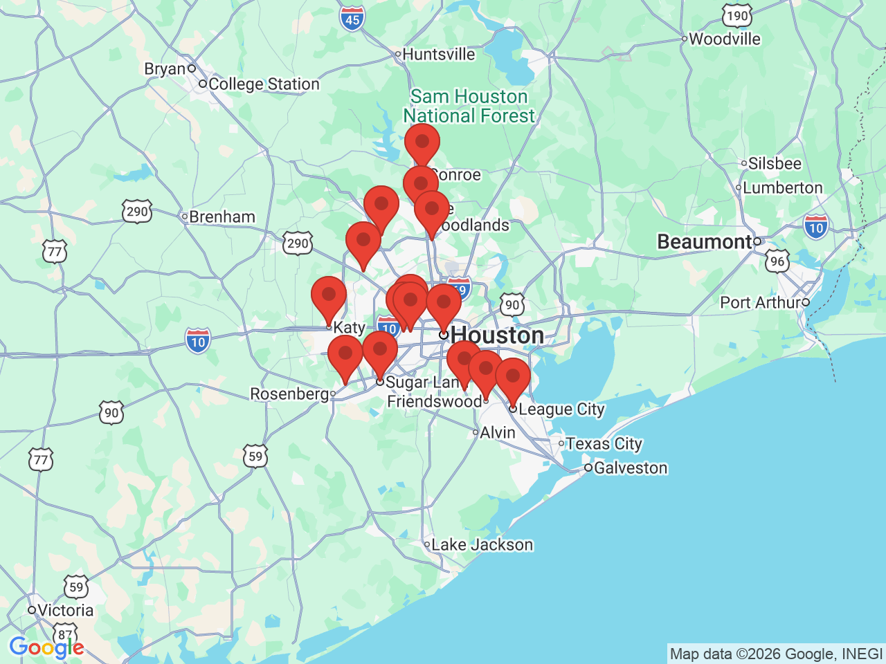 Map of service areas around Houston, TX